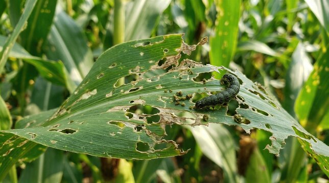 Fall armyworm larva eating destroyed green corn leaf. Pest infestation in agriculture causing crop failure and damage to maize plant. Biological threat to food security and farming.