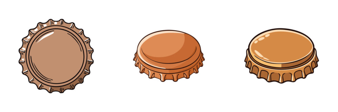 Set of three brown metal bottle caps viewed from different angles