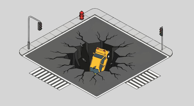 A yellow taxi cab falls into a large sinkhole in the middle of a city street.