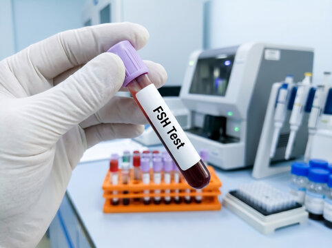 Follicle Stimulating Hormone FSH blood test sample in pathology laboratory for fertility assessment reproductive health and endocrine screening concept