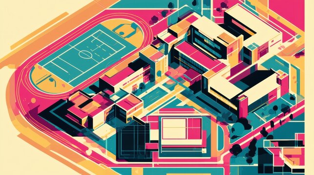 A school campus layout with buildings, sports fields, and pathways designed in bold geometric shapes and vibrant colors.