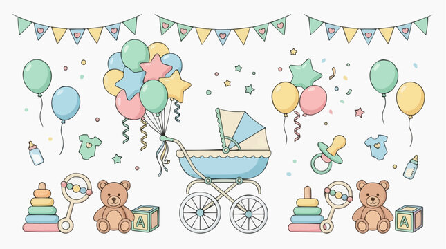 Baby shower decorations with stroller, balloons, and toys. Isolated on white background