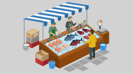 Naklejka premium Isometric illustration of a fish market.