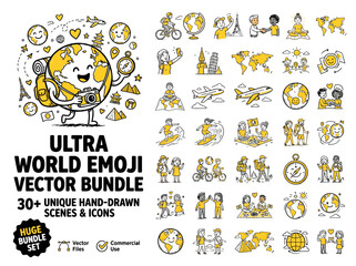 Fototapeta premium Hand-drawn world emoji vector bundle, 30 unique travel scenes and icons, yellow and black doodle globe characters for tourism and vacation