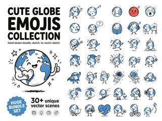 Cute globe emojis collection, hand-drawn earth character doodle set, 30 unique vector scenes of planet earth mascot with various emotions © sidra