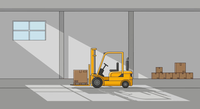 Yellow Forklift Truck Moving Cardboard Boxes in Warehouse with Sunlight