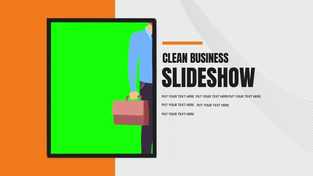 Businessman stands holding a briefcase next to a vertical green screen panel formatted for a clean corporate slideshow presentation that provides ample room for adding custom project descriptions.