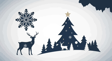 Christmas Tree Silhouette with Deer and Snowflake, Winter Landscape Background © Wahyu