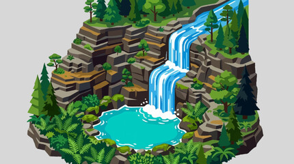 Pixel art landscape with waterfall and forest. © Nora