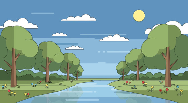 Serene River Landscape with Trees and Flowers, Flat Design Illustration