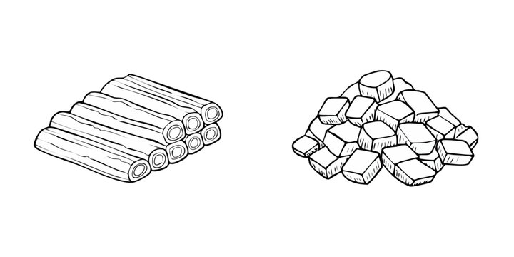 Hand-drawn illustration of stacked logs and a pile of cubes