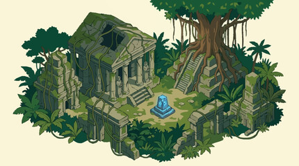 Ancient stone temple in jungle with tree. © Nora