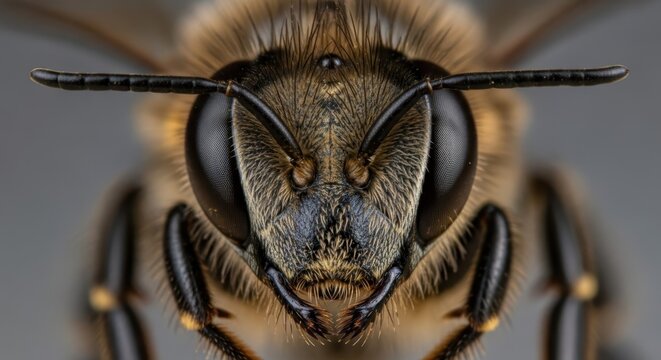 Extreme Close-Up of a Honeybee's Intricate Compound Eye and Facial Details