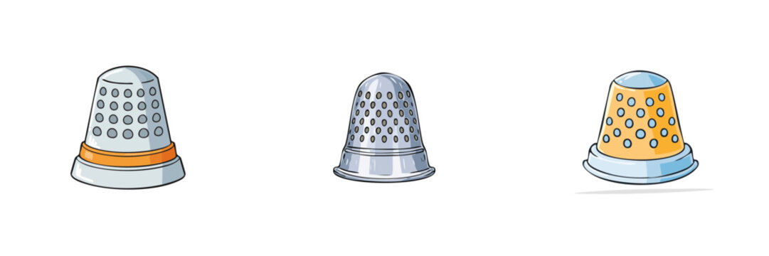 Set of three thimbles with perforated patterns and decorative bands isolated on white
