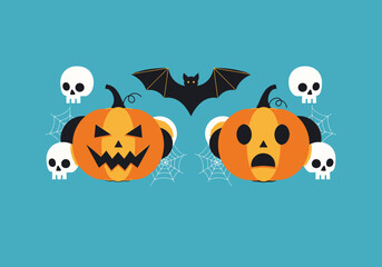 Fototapeta premium Halloween Flat Vector Illustration Featuring Scary and Surprised Jack-o'-Lantern Pumpkins, Flying Bat, Skulls, and Spiderwebs on a Solid Blue Background