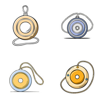 Set of colorful hand drawn yo yo toys with strings on white background