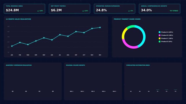 Dynamic motion video showcasing data analytics with animated graphs and charts illustrating financial trends and statistical information in a high-tech digital environment.