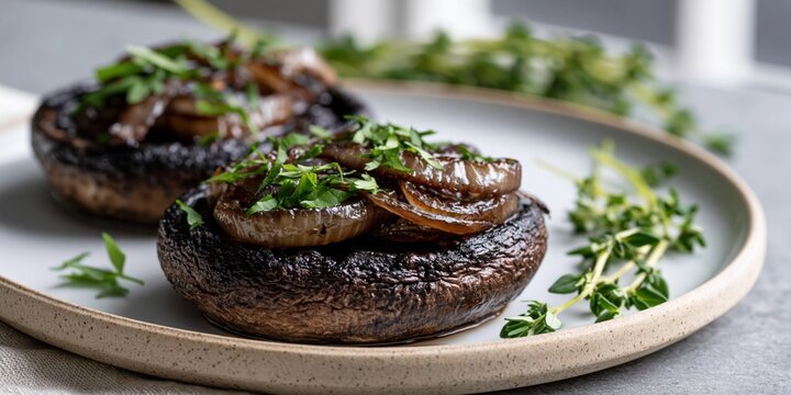 A delicious dish featuring large portobello mushrooms filled with caramelized onions and fresh herbs, appealing to gourmet tastes and healthy eaters alike.