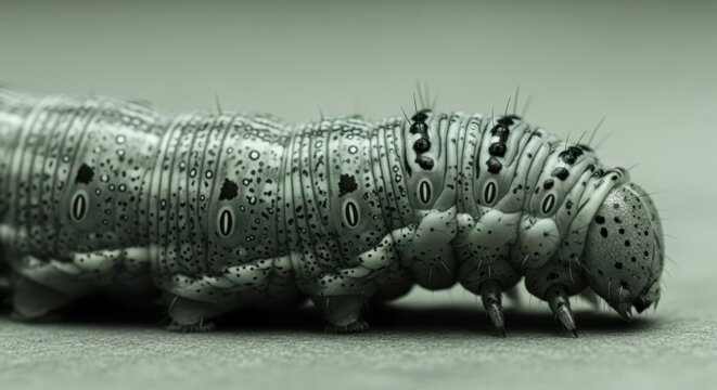 Macro Photograph of a Detailed Caterpillar with Segmented Body and Spotted Patterns