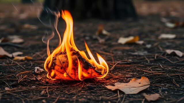 Leaf burns on the forest floor, creating a bright orange flame amidst the dry twigs and dark dirt.