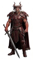 Obraz premium Fearsome demonic horned warlord in heavy crimson armor holding a greatsword isolated on a white background