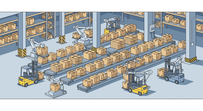 Automated Warehouse with Robots and Forklifts Moving Boxes