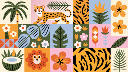 colorful patchwork of animals and plants vector © Raju