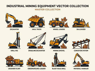 Industrial Mining Equipment Vector Collection: Heavy Machinery and Construction Vehicle Icons © Uki