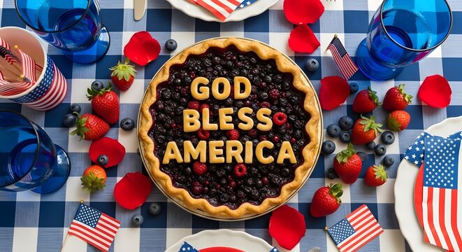 Independent day blueberry pie with 'god bless america' message patriotic celebration food