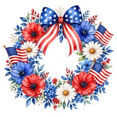 Obraz premium A vibrant floral wreath adorned with red, white, and blue flowers and flags, perfect for patriotic celebrations.