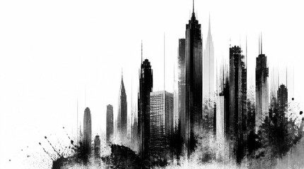 Fototapeta premium Abstract black and white watercolor city skyline illustration with ink splatters on white background.
