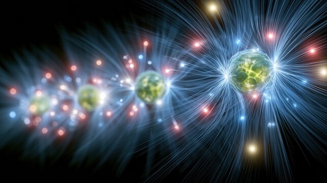 A uranium nucleus splits with a cascade of neutrons, illustrating a chain reaction in a colorful and vibrant way for energy education.