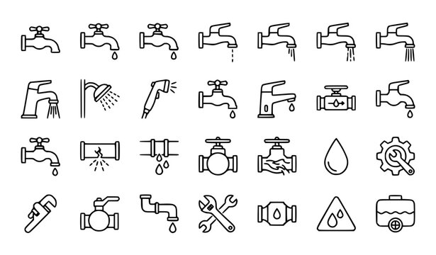 Water Tap, Plumbing System, and Repair Service Line Icon Set Featuring Faucets, Showers, Leaking Pipes, Valves, and Handyman Tools for Sanitary Maintenance Layouts
