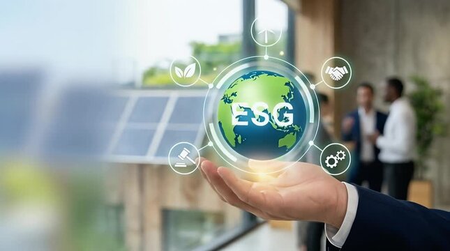 Businessman Holding ESG Symbol with Solar Panels in Background