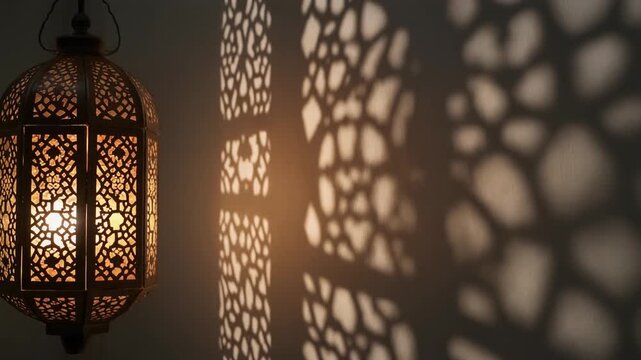 Soft lantern light casting Islamic pattern shadows on wall, calm spiritual mood, cinematic close-up, no people