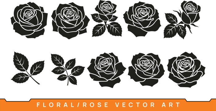 Black rose collection vector floral art with leaves on a white background