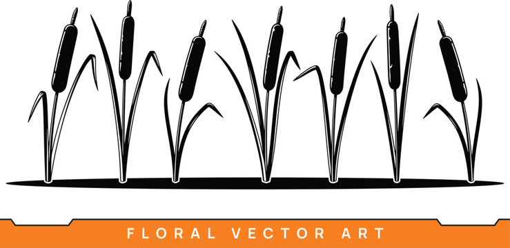 Cattails vector art illustration with line art style on a dark ground