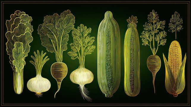 Assortment of root and field grown produce items displayed in detailed line art style against a dark background