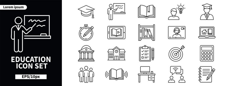 Education icon set, thin line style, vector illustration collection of school, university, elearning, and study symbols, including teacher, graduation cap, books, online courses, and academic tools