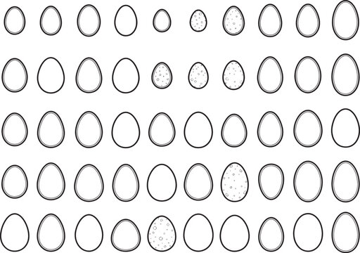 An array of eggs in various sizes and with speckled patterns are displayed in rows, illustrating diversity and form.