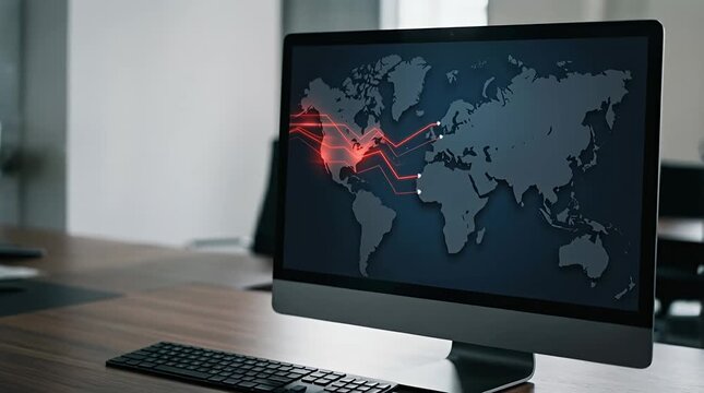 Dynamic Holographic World Map with Red Data Lines