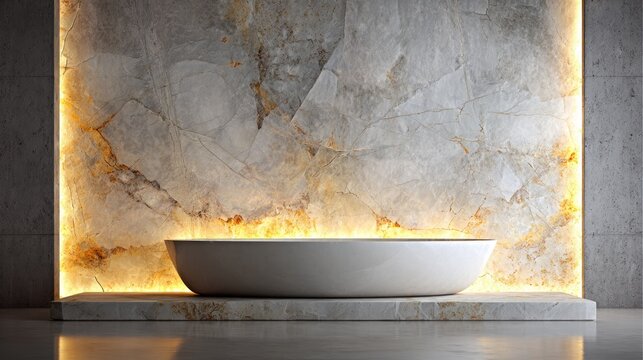 Modern bathroom interior design features an illuminated natural stone wall behind a contemporary freestanding basin