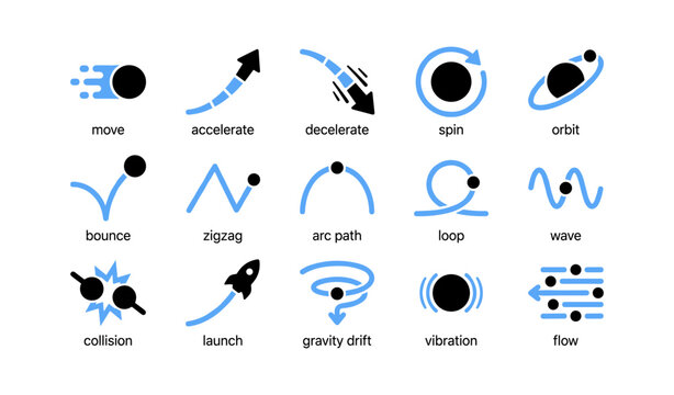 Motion icons depicting trajectories and movement types on white