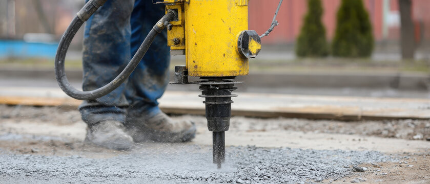 Worker concrete jackhammer construction tool heavy equipment breaking road dust outdoor industrial manual labor safety work machinery power site repair worker operating heavy concrete jackhammer