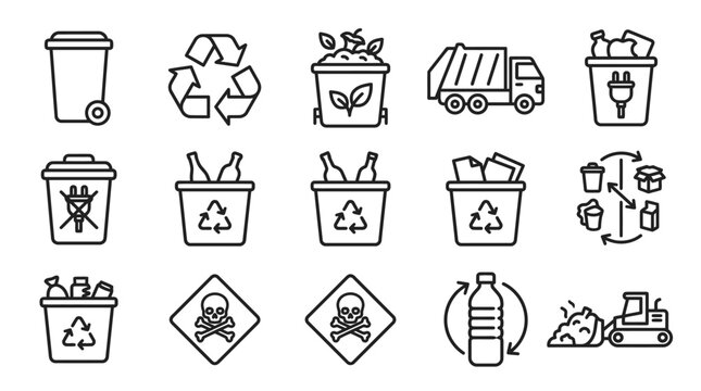 Collection of Recycling and Waste Management Icons Representing Different Types of Waste and Disposal Methods