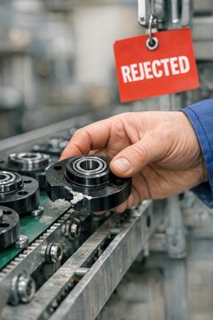 Person operating machinery on a production line with moving products