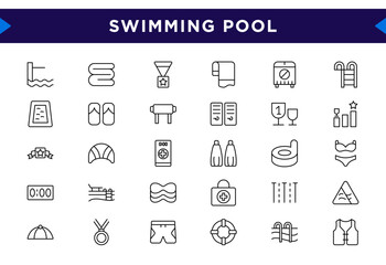 Swimming pool line icon set. Maintenance tools, safety equipment, water accessories, spa elements, scuba diving, fins, air tank icons © RI Rafiq