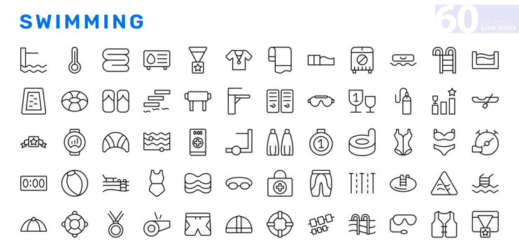 Swimming line icon set. Pool, maintenance tools, safety equipment, water accessories, spa elements, scuba diving, fins, air tank line icon set. UI thin line icon pack.