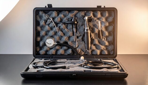 Professional Diagnostic Medical Set with Ophthalmoscope and Otoscope in Opened Hard Carrying Case