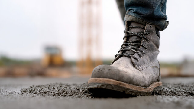 Close up of worker boot stepping into wet concrete at construction site, showing rugged footwear, jeans, and outdoor environment, evoking determination and hard work